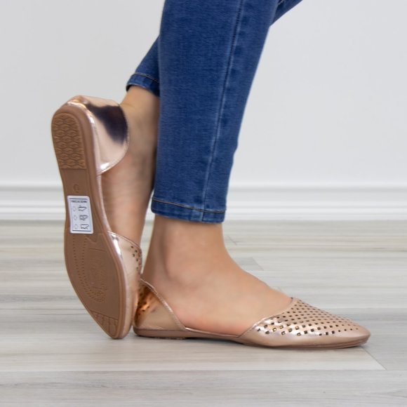 Pointed Toe Perforated Gold Rose Flats - Picture 7 of 8